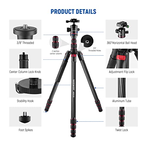 NEEWER Upgraded 80.7” Carbon Fiber Camera Tripod Monopod with Telescopic 2 Section Center Axes, 360° Ball Head,1/4” Arca Type QR Plate, Travel Tripod for DSLR Panoramic Shot, Max. Load 26.5lb, N55CR
