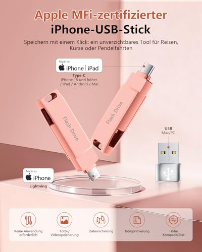 [Without App] USB Stick 512 GB for iPhone MFi Certified, Lncnnk 3 in 1 Flash Drive, Lightning USB 3.0 Memory Stick Photo Stick, USB C Stick for iPhone/iPad/OTG Android Mobile Phone/Mac/PC, Pink