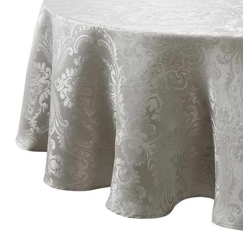 Elrene Home Fashions Caiden Elegance Damask Waterproof, Stain & Wrinkle Resistant Fabric Tablecloth, 90 Round, Silver