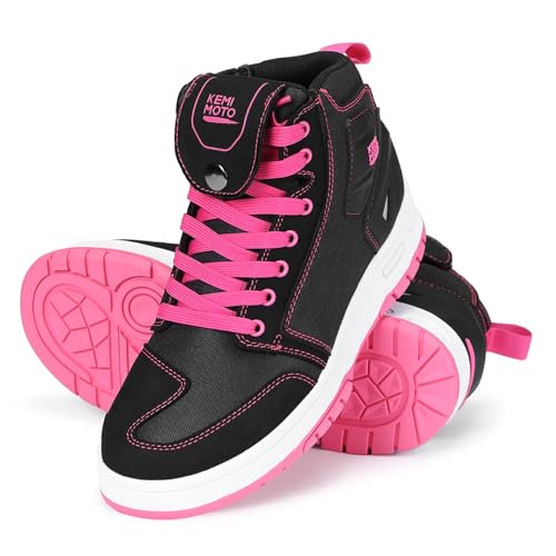 KEMIMOTO Women's Motorcycle Shoes, Motorcycle Boots Causal Women, Motorcycle Boots with Raiser, Breathable Motorcycle Trainers, Black/Pink