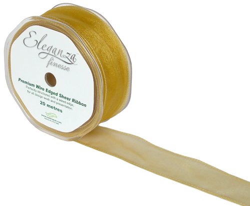 ELEGANZA Premium Wire Edged Sheer Ribbon, Organza, Gold B, 12 x 12 x 4 cm
