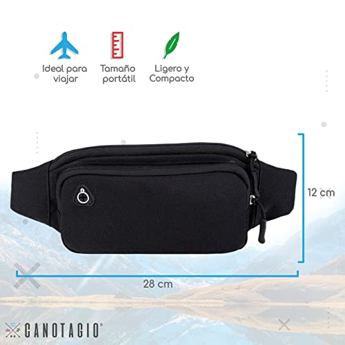 Canotagio Cangurera Deportiva de Viaje. Diseño Amplio para Pasaporte, Efectivo o Tarjetas. Hombre y Mujer. Riñonera Deportiva Compatible con Audifonos. Fanny Pack/Running Belt/Travel Pouch (Negro)