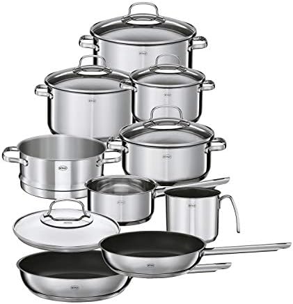ELEGANCE batteria di pentole da 10 pezzi, 6 pentole da cucina, 1 inserto per la cottura a vapore, 2 padelle nel set, acciaio inox 18/10, adatta alla lavastoviglie e ai piani cottura a induzione