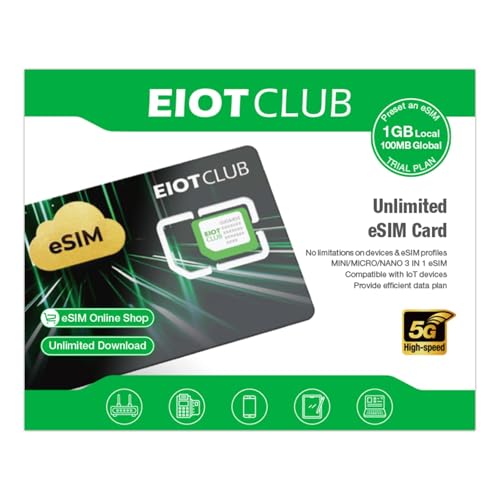 EIOTCLUB Global eSIM Card, Turn SIM Device into eSIM-Compatible, Unlimited Download Physical eSIM Card for USA/Europe/200+ Countries, Works with Phone, Router, Hotspots & IoT Devices, No Contract