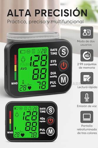 FARMADAR Baumanómetro de Muñeca Digital, Monitor de Presión Arterial Automático con Pantalla LED | Medición Precisa y Rápida, Compacto y Fácil de Usar (Negro)