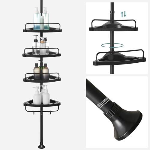 SONGMICS Shower Corner Shelf, 4-Tier Bathroom Shower Shelf, 85-305 cm Adjustable Shower Caddies, Bathroom Organiser, Black BCB001B01