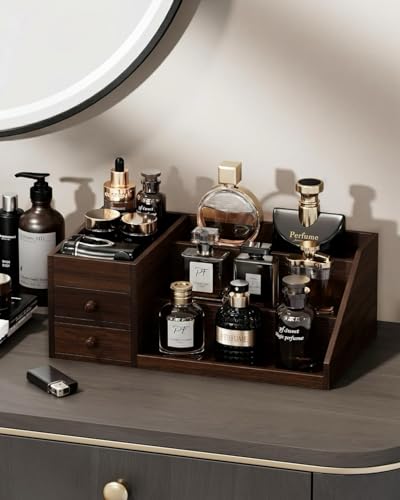 ProCase Wooden Cologne Organizer for Men, 3-Tier Elevated Wood Perfume Storage Display Shelf with Drawers, Dresser Storage Stand Riser for Fragrance Skin Care, Gift for Boys Men Dad Husband (Brown)