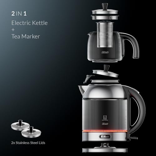 Feller Germany TS289 2-in-1 Tea Maker, 2L German Schott Glass Kettle + 1L Teapot, 2200W Strix Control, Keep Warm, BPA Free, Stainless Steel Filter (Stainless Steel)