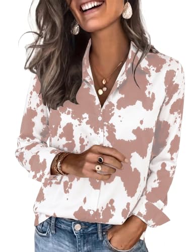 RICHSTORY Ladies Tops and Blouses Dressy Casual Long Sleeve Shirts Silk Cow Print Button Up Blouse Fall Fashion Clothing 2026 Western Outfits Pink XX-Large at Amazon