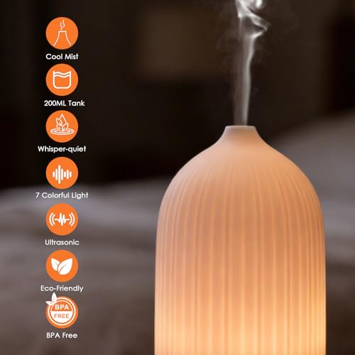Essential Oil Diffuser Humidifier, GuKKK 200ML Silent Ultrasonic Aromatherapy Humidifier, with Timers and 7 LED Colors, for Home Office Bedroom