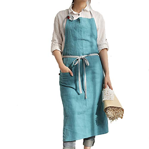 UHEIM Premium Free Size Linen Bib Apron Kitchen Apron with Large Pocket 9 Colors (Lake Blue)