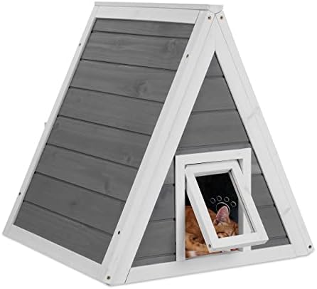 Niche pour Chats, résistante aux intempéries, Bois, HxLxP: 54 x 52 x 64 cm, 2 entrées, Toit Pointu, Gris/Blanc