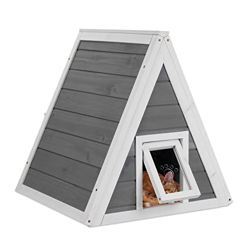 Niche pour Chats, résistante aux intempéries, Bois, HxLxP: 54 x 52 x 64 cm, 2 entrées, Toit Pointu, Gris/Blanc