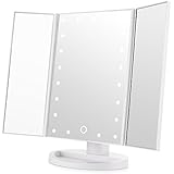 Easehold LED Vanity Mirror Make up Tri-Fold with 21Pcs Lights 180 Degree Free Rotation Table Countertop Cosmetic Bathroom, White