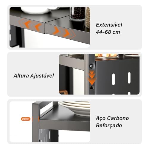 Heemli Suporte Organizador para Microondas e Especiarias, Escalável Prateleira de Cozinha em Aço Carbono Preto, Multifuncional 3 Níveis com Gancho para Utensílios Armazenar(44-68cm)