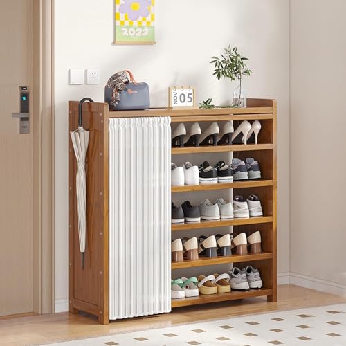 6 Tier Shoe Storage Cabinet Freestanding Wooden Shoe Rack with Dustproof Cover Organizer Bamboo Multi-Function Storage Shelf, Wood-Made Home House Office Furniture, Boots Stand/For Entryway