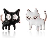 SLUYNZ Sterling Silver Cat Earrings Studs for Women Teen Girls Black White Cat Studs Earrings Cute Animal Earrings