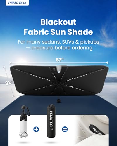 PEMOTech Foldable Car Sun Shade with 5-Layer Nano, Sun Visor Car Sun Protection Car Windscreen 360° Rotatable, UV Protection, Heat Protection, Anti-Puncture for Most Vehicles (132 x 76 cm)