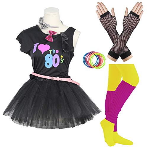 FUNDAISY Gilrs 80s Costume Accessories Fancy Outfit Dress for 1980s Theme Party Supplies (Black, 8-10 Years)