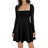 ADEWEL Women's Square Neck Ruffle Hem Mini Dress Long Sleeve A Line Pleated Dress for Women Corset Short Party Dresses