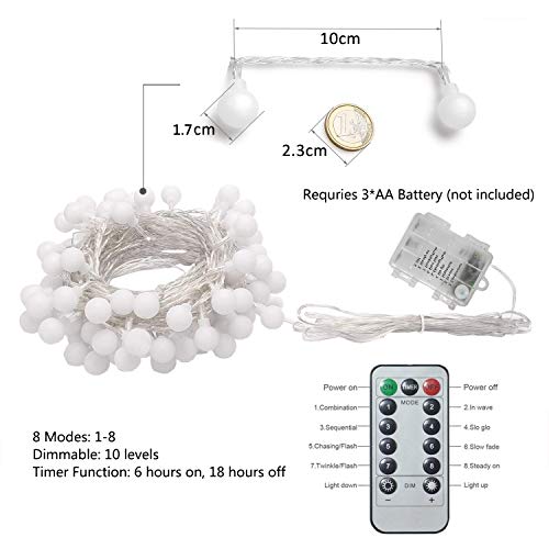 Fairy Festoon Lights with Remote Control 100 LEDs Warm White Globe String Lights Battery Powered 10M 8 Modes Waterproof Decorative Lights for Indoor Outdoor Party Home Garden Patio Bar Restaurant