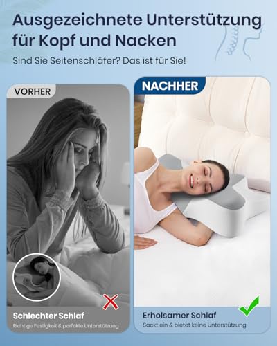 DONAMA Memory Foam Nackenkissen Ergonomisch, Kopfkissen mit Armauflage & Zwei Höhen, Kühlend & Atmungsaktiv, 6-Zonen-Kontur, Nackenstützung für alle Schlafpositionen