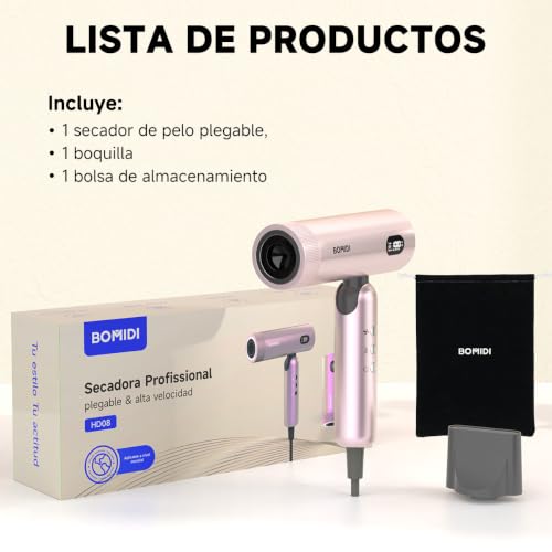Secadora de Cabello, Bomidi Secador de Pelo Plegable Alta Velocidad Profesional, 100000RPM con ionico de 500M Y Pantalla LED Y Modo Autolimpieza,110-240V, Ideal para Cabello Liso y Ondulado HD08