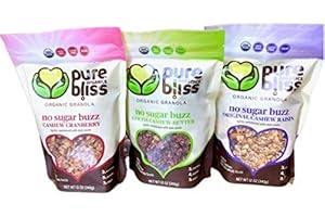 Pure Bliss Organics, Organic "No Sugar Buzz" Granola Variety 3-Pack, 3 (12 oz Pouches), 1 each of Cashew Cranberry, Cocoa Cashew Butter, Cashew Raisin, Certified Organic, Vegan, Gluten Free, non-GMO