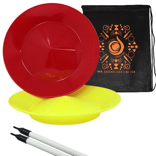 Set of 2 Spinning Plates and Sticks - Flexi Kid's Plate Spinning Set - Includes Cascade Carry Bag (Red and Yellow)