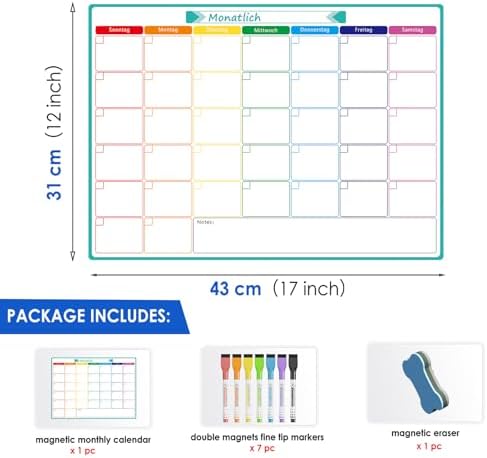 Lavagna magnetica per agenda mensile A3 lavagna magnetica per frigorifero, calendario mensile pianificatore da parete promemoria per pianificazione dei pasti o shopping