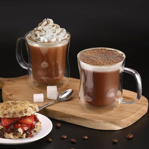 ecooe 2x350ml Double Walled Coffee Glasses Mugs Cappuccino Latte Macchiato Glasses Cups with Handle Borosilicate Heat Resistant Glass Cups for Coffee Tea Milk Juice Ice Cream