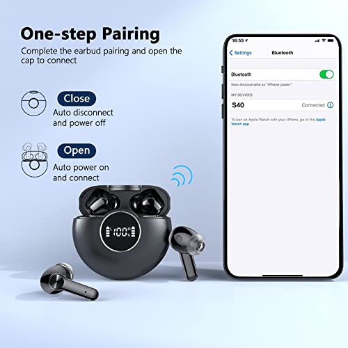 Wireless Earbuds, Bluetooth 5.2 Stereo Earbuds, 48H Playtime with LED Power Display, Bluetooth Headphones with Noise Cancelling Mic, IPX7 Waterproof Deep Bass Earphones for Sports and Work