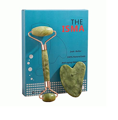 The ISMA Jade Roller Set, Gua Sha Stone, Face Roller Massage Tool for Skin Care Routine, Guasha Tool for Face, Neck and Body Muscle, Green Gua Sha Set and Face Roller