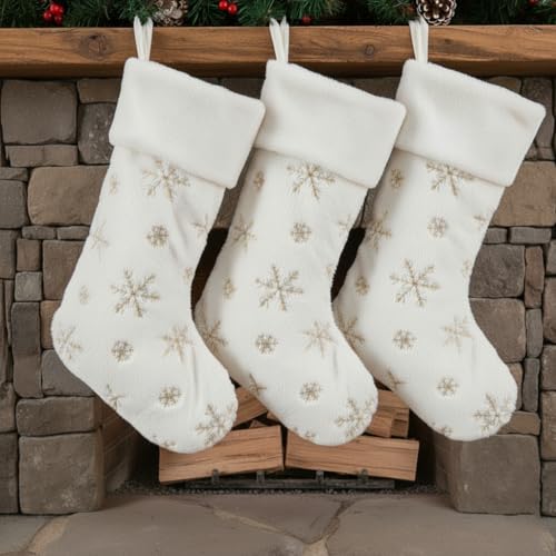 AOGU 3 Pack 22 Inch Faux Fur Sequin Snowflake Christmas Stockings Snowy White Christmas Stockings Hanging Ornaments Candy Gift Bags for Christmas Decorations, Gold