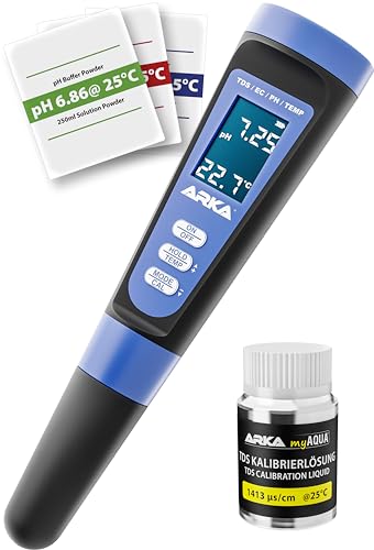 ARKA Wasserqualität Messgerät pH TDS EC Temperatur – digitaler Wassertester inkl. Kalibrierlösung, Kalibrierpulver & Batterien – für Aquarium, Pool, Teich, Osmose & Trinkwasser myAQUA