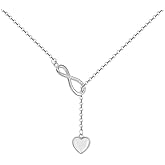 Infinity Lariat Y-Necklace for Women 925 Sterling Silver Love Heart Mother of Pearl Pendant Long Link Chain Necklaces Adjustable Delicate Wedding Birthday Valentines Jewelry Gift 20 inches