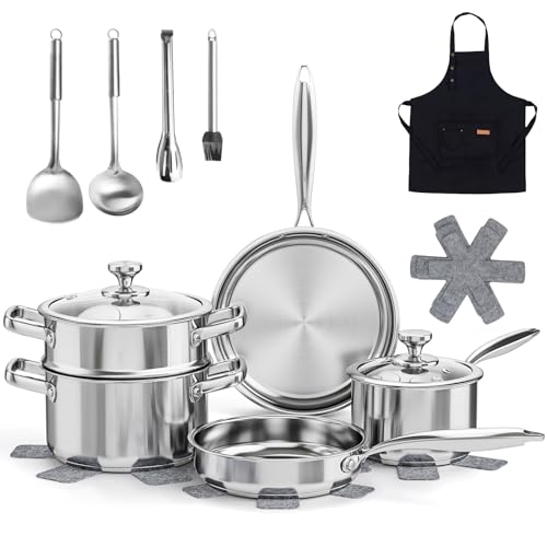 Tieplis 16-Piece Stainless Steel Pots and Pans Set, Non-Toxic Cookware Set with Steamer & Visual Lid, Kitchen Induction Cookware with Utensil Sets, Pot Protectors and Apron for Oven & Dishwasher Safe