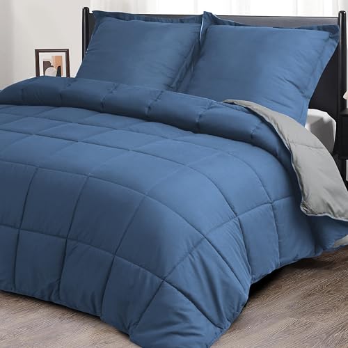 HIG Bettdecke 200x220 cm + 2 Kissenbezüge 80x80cm – Oeko-TEX zertifizierte Blaue Steppdecke, kastenförmig genäht – 1500g Daunenalternative (300GSM) weich & flau