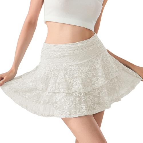 Frauen Floral Spitze Slip Röcke Niedrige Taille Rüsche Layered Plissee Mini Röcke Y2K Flowy Tiered Short Rock(White-2,S)