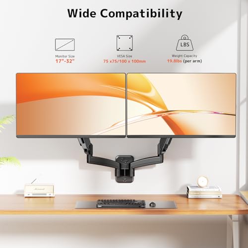 PUTORSEN Dual Monitor Wall Mount for 17-32 inch Flat/Curved Computer Screens, Full Motion Wall Monitor Mount with VESA 75x75/100x100 mm, Each Holds Up to 19.8lbs, Black