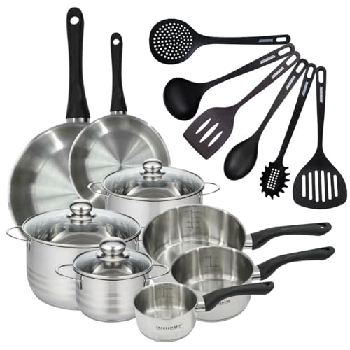 Fackelmann 9358050 2 poêles 20 28 cm 3 casseroles 12 16 20 cm inox 18/8, 3 faitouts inox 16 20 24 cm, 6 ustensiles, Poêle tous feux, Poêle induction, sans PFAS, Inox, Verre, RPET, 12 16 20 24 28 cm