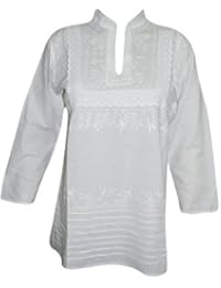 Womens Peasant Tunic Top Cotton Hand Embroidered White Summer Blouse Beach Cover Up