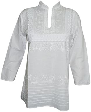 Mogul Interior Womens Peasant Tunic Top Cotton Hand Embroidered White Summer Blouse Beach Cover Up