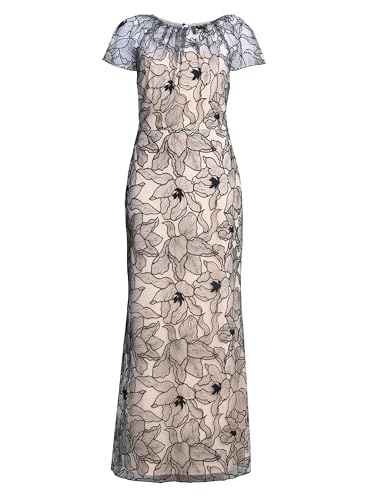 Gina Bacconi Women's Floral Embroidered Mesh Maxi Dress Cocktail, Black/White, 8
