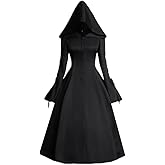 Tumknow Gothic Hooded Witch Dress for Women Black Victorian Halloween Cospaly Costume Vampire Medieval Renaissance Dresses