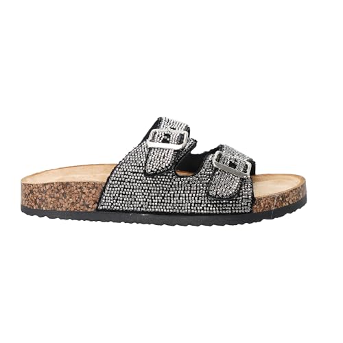 JOMIX Women's Flip Flops with Rhinestones Double Strap Sandals with Adjustable Buckle and Soft Cork Summer Clogs Comfortable Footwear
