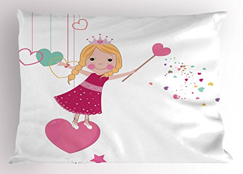 Lunarable Princess Pillow Sham, Cute Little Girl on a Heart Shape Sweet Fairy Magic Wand Lovely Kids Girls Design, Decorative Standard Queen Size Printed Pillowcase, 30 X 20 inches, Multicolor