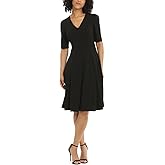 Donna Morgan Women's Dresses Stretch Crepe Elbow Sleeve V-Neck Fit and Flare Midi Dress