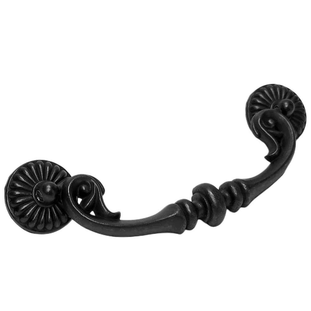 Photo 1 of MuDuJia 4-Pack 5“ C-C Vintage Style Dark Antique Black Bail Drawer Pull Drop Swing Handles Cabinet Knob Kitchen Hardware 128 mm 5 Inch Center Hole Distance (4)