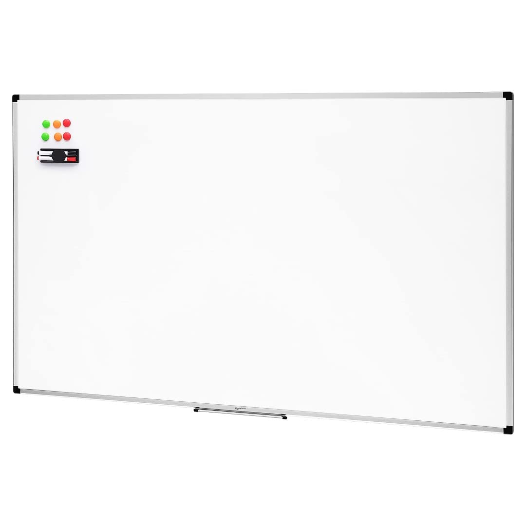 Amazon Basics Magnetic Whiteboard with Pen Tray, Aluminium Trim and Dry-Wipe Writing Surface, 90 x 60cm (WxH), including 6 magnets, 1 eraser and 2 dry-erase markers, White